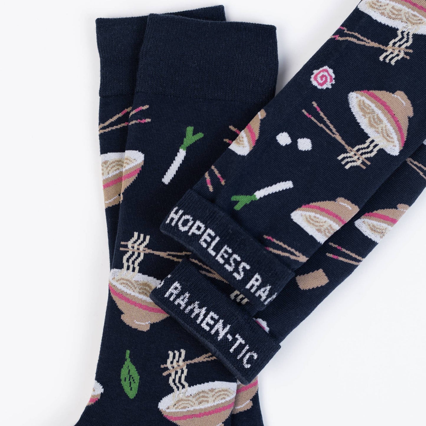 ramen noodle socks on a navy blue background