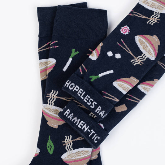 ramen noodle socks on a navy blue background