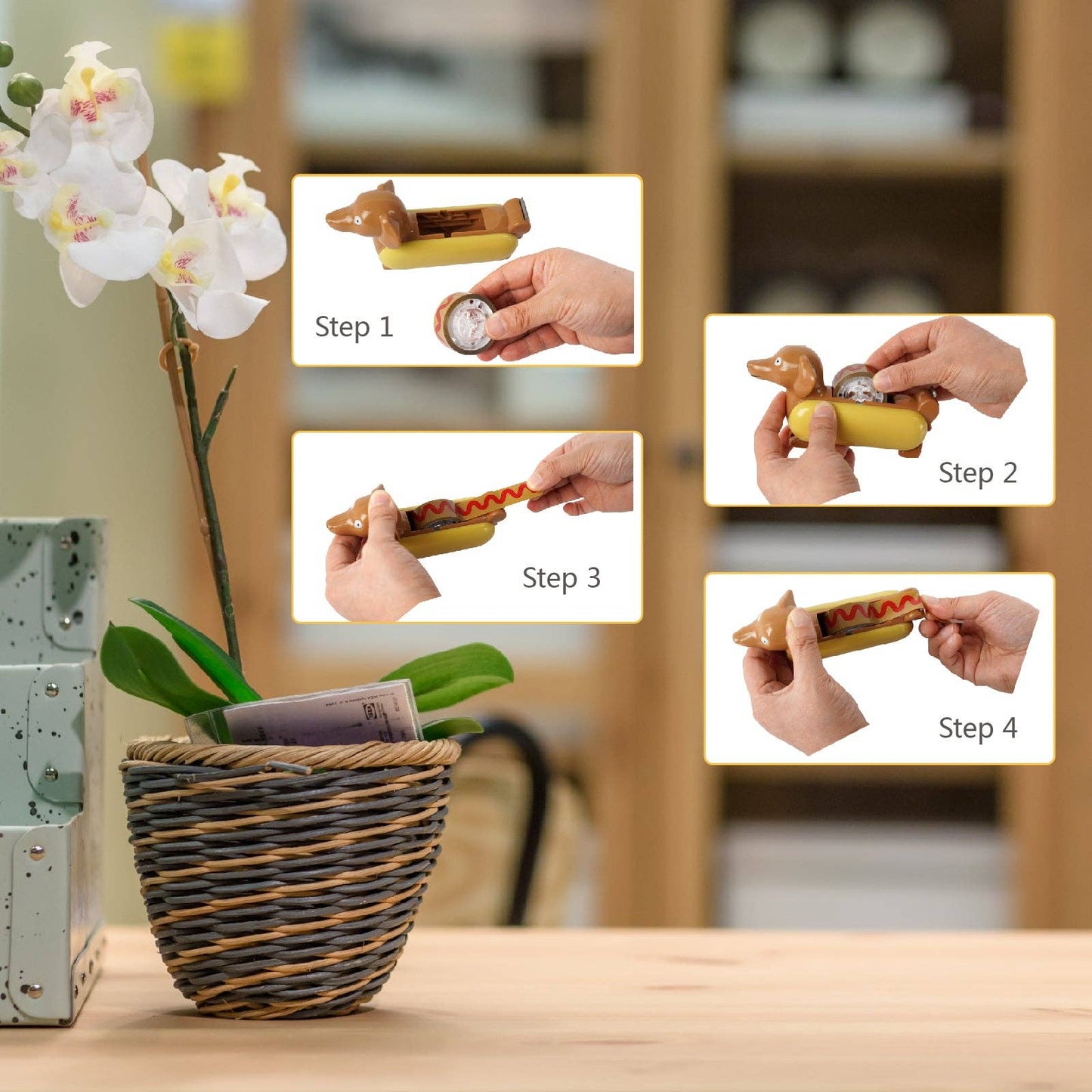 imagery showing how to place roll of tape inside the hot dog tape dispenser