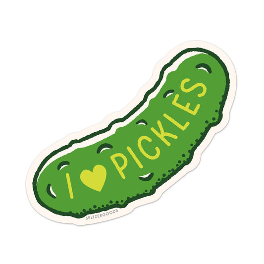 Green pickle-shaped sticker with 'I ❤️ Pickles' text on a white background