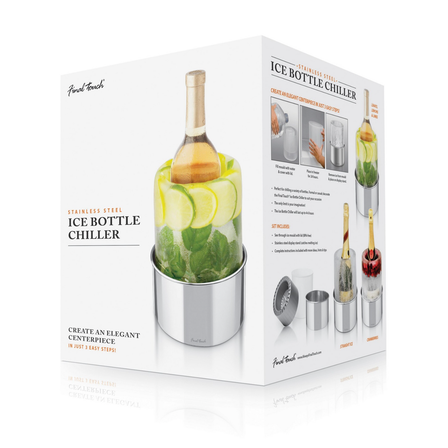 Display box for the Ice bottle chiller which includes a wine bottle in the completed chiller, and all of the components.