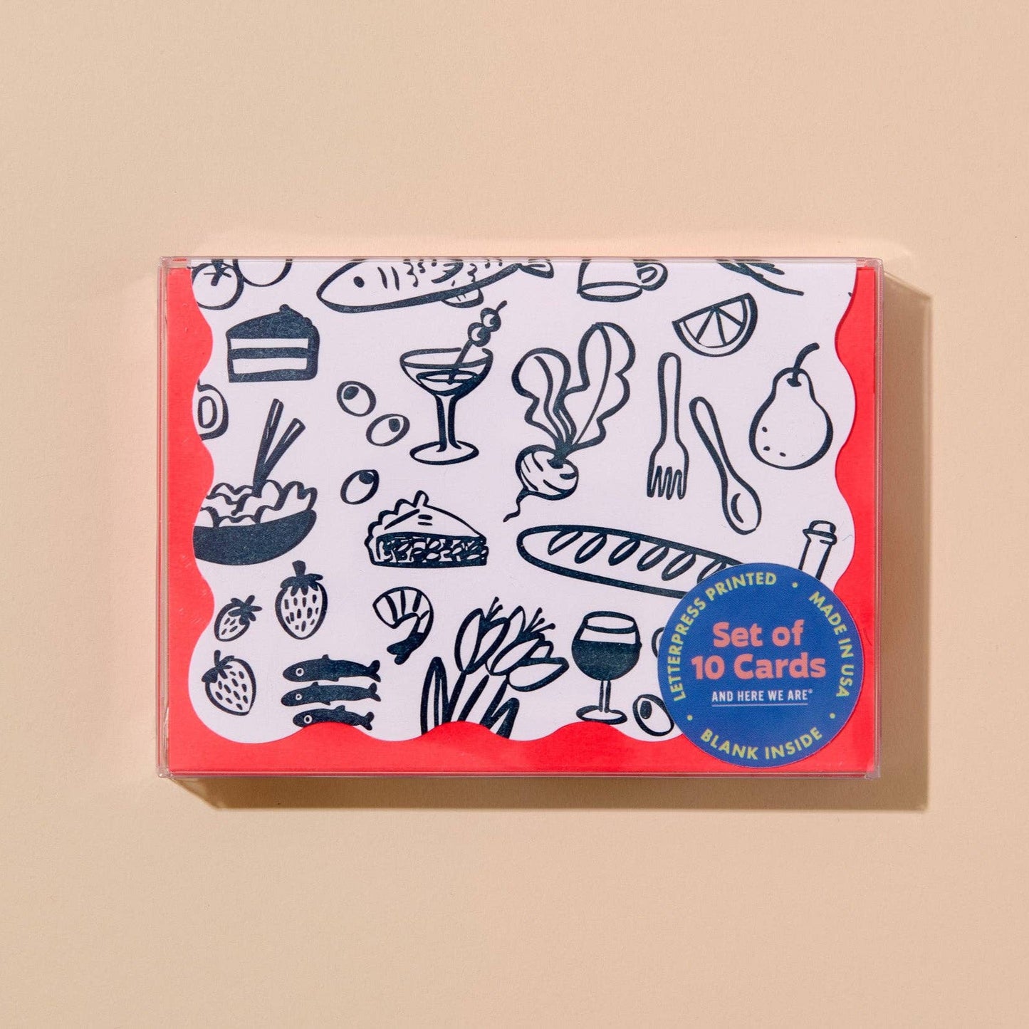 Pack of 10 cards with food and drink illustrations on a beige background