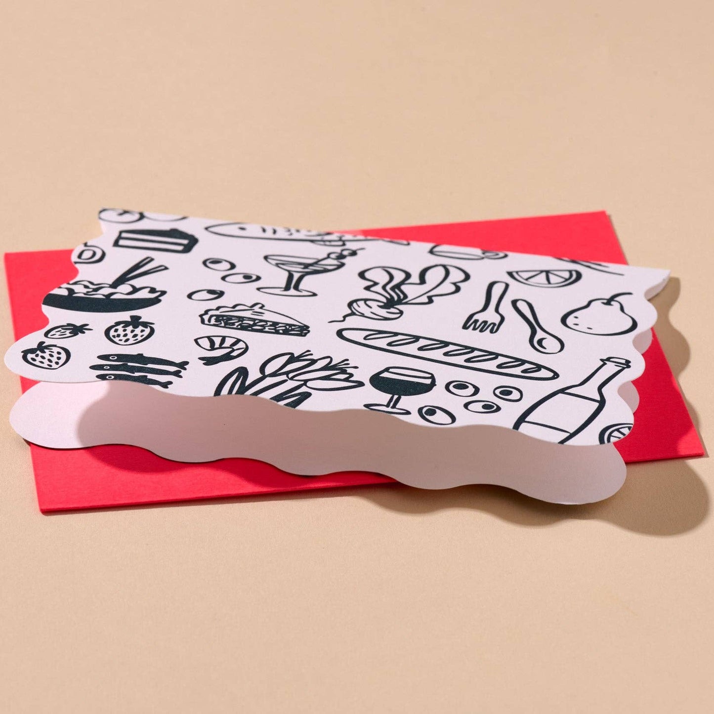 A single card with food and drink illustrations on a beige background