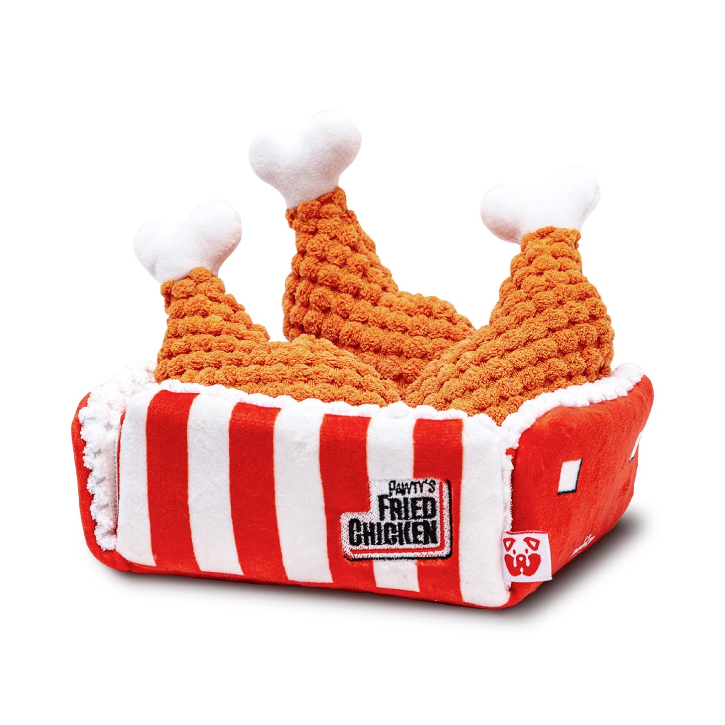 Fried chicken-themed pet toy with 'Pawty's Fried Chicken' branding on a white background