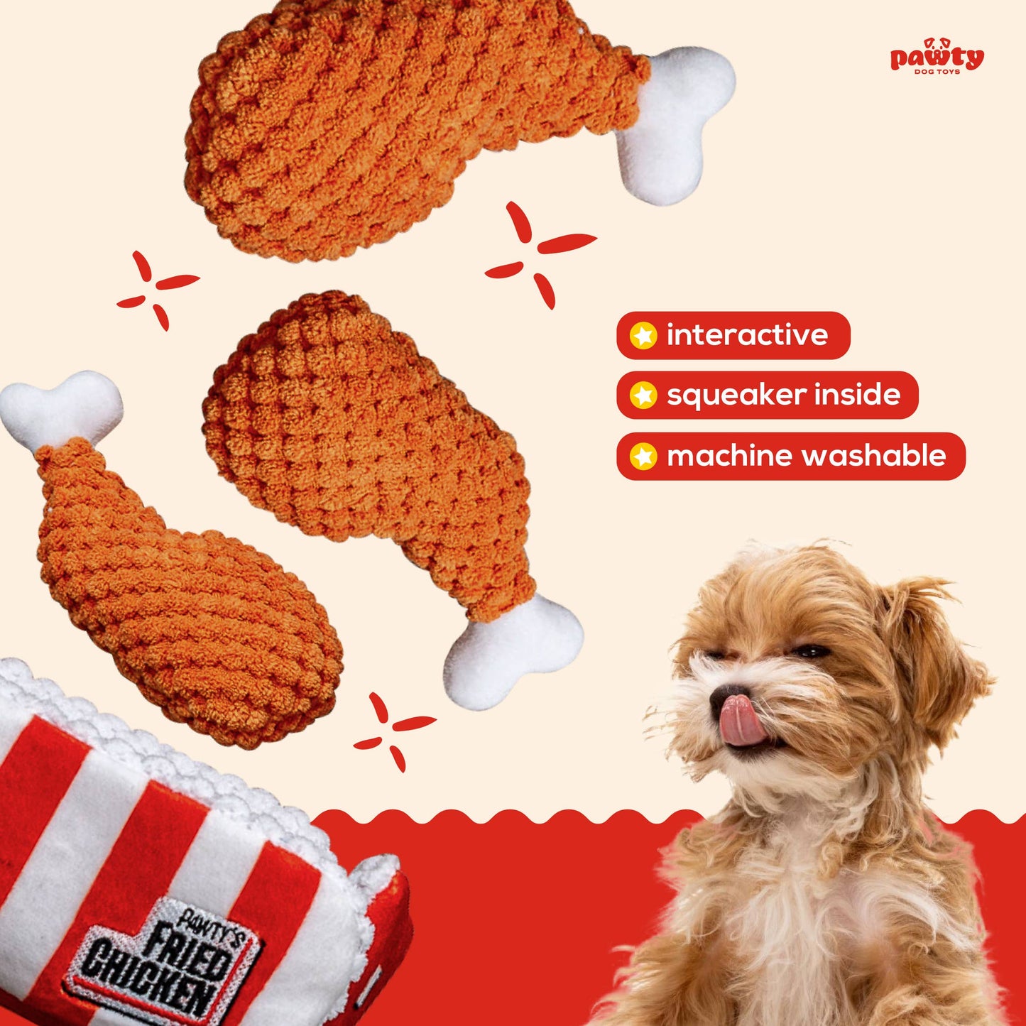 Dog toy resembling fried chicken with a dog sitting next to it, featuring interactive and machine washable text.