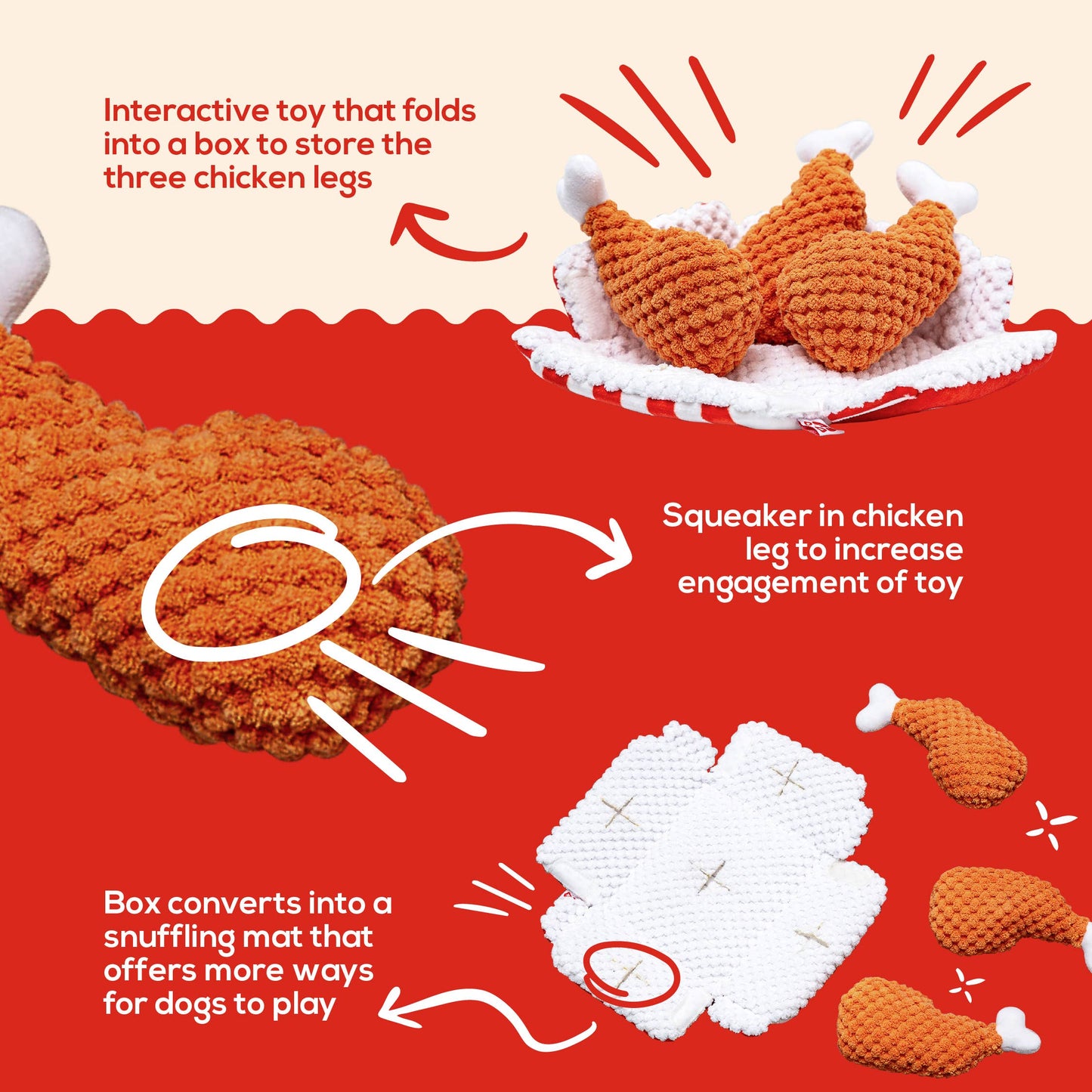 Interactive toy with chicken leg design on a red background, featuring text about its features.
