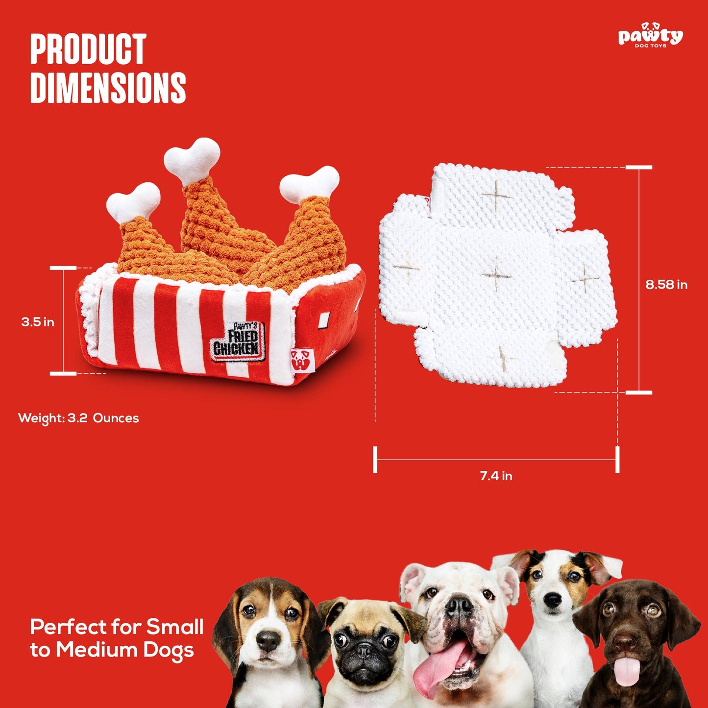 Product dimensions of a dog toy with fried chicken design on a red background, featuring the brand 'Pawty'.