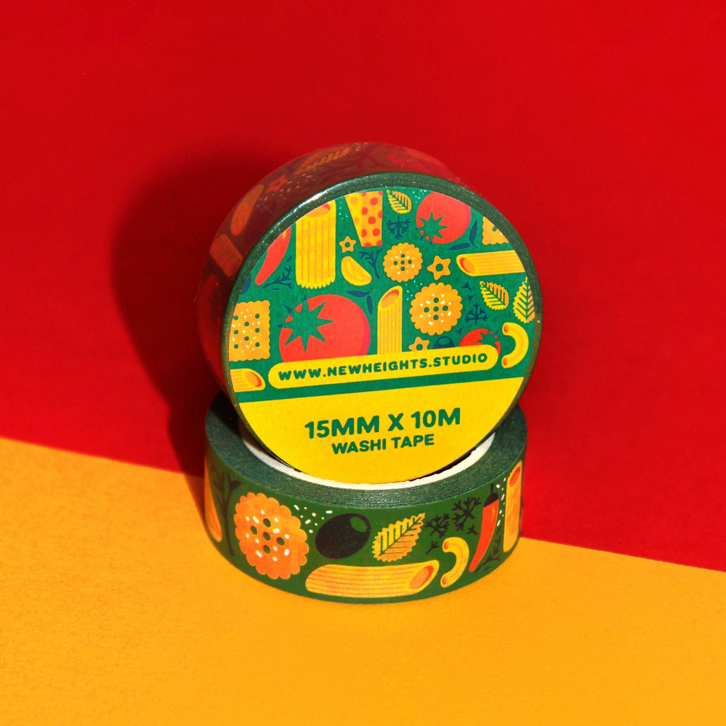 Dark green washi tape, featuring various kinds of italian cuisine including olives, garlic, pasta, tomatoes, peppers, crackers, herbs and cheese