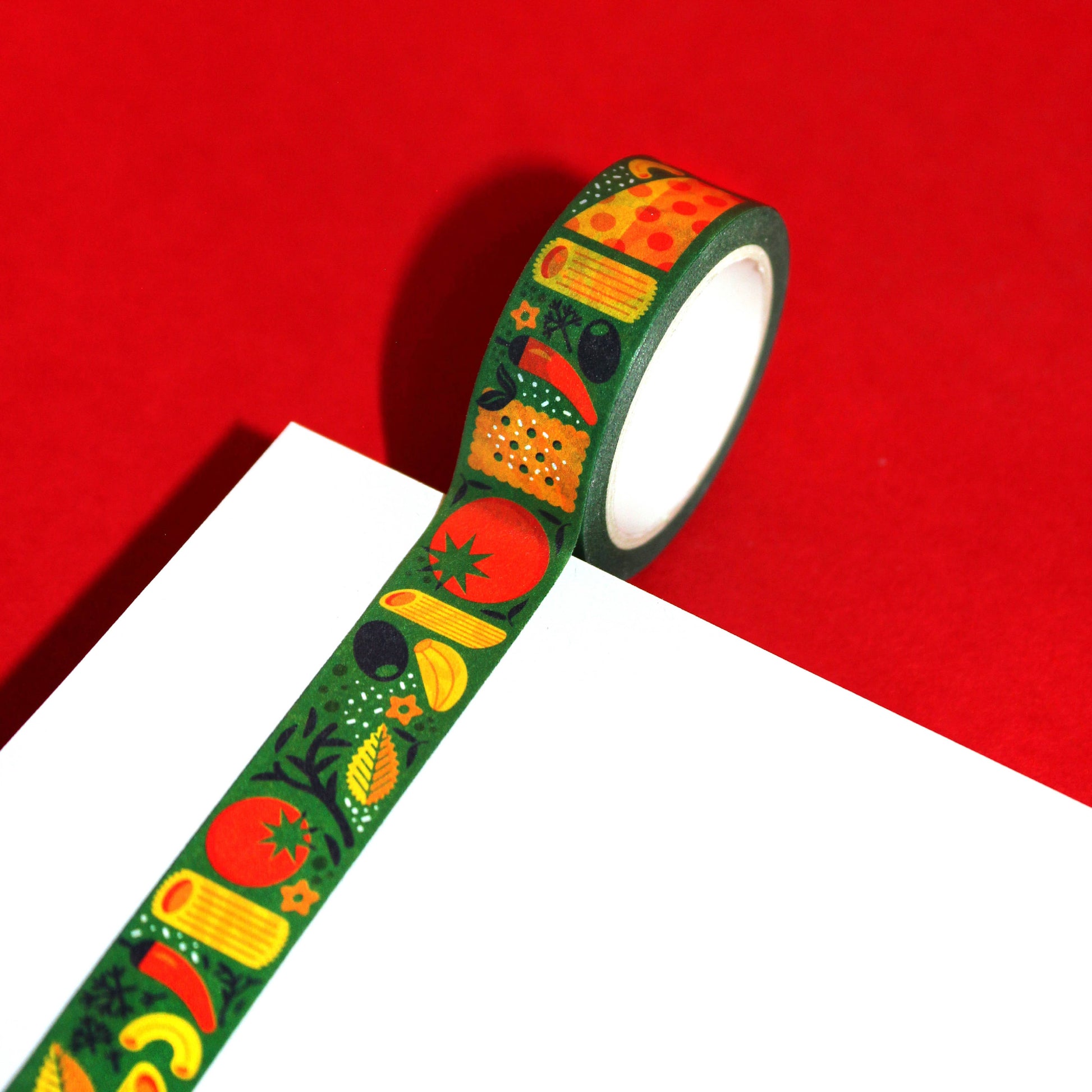 Dark green washi tape, featuring various kinds of italian cuisine including olives, garlic, pasta, tomatoes, peppers, crackers, herbs and cheese
