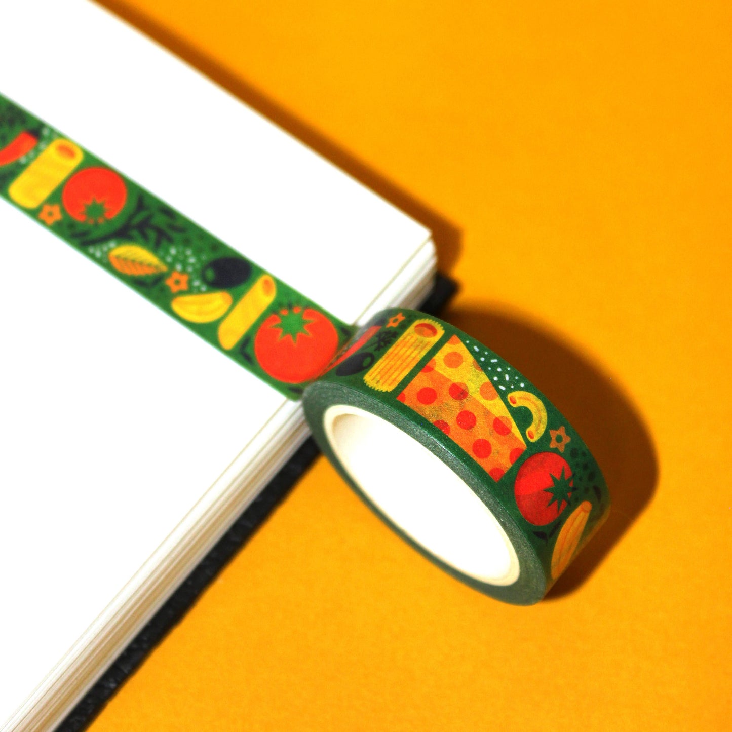 Dark green washi tape, featuring various kinds of italian cuisine including olives, garlic, pasta, tomatoes, peppers, crackers, herbs and cheese
