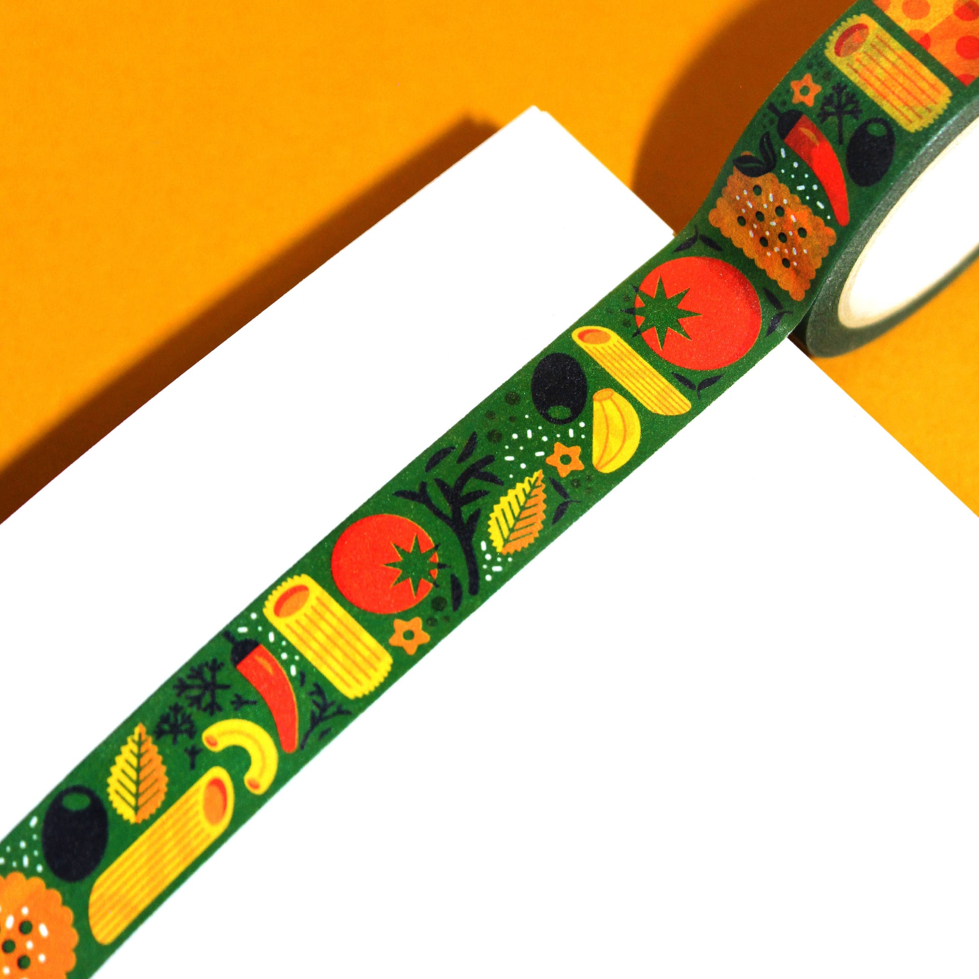 Dark green washi tape, featuring various kinds of italian cuisine including olives, garlic, pasta, tomatoes, peppers, crackers, herbs and cheese