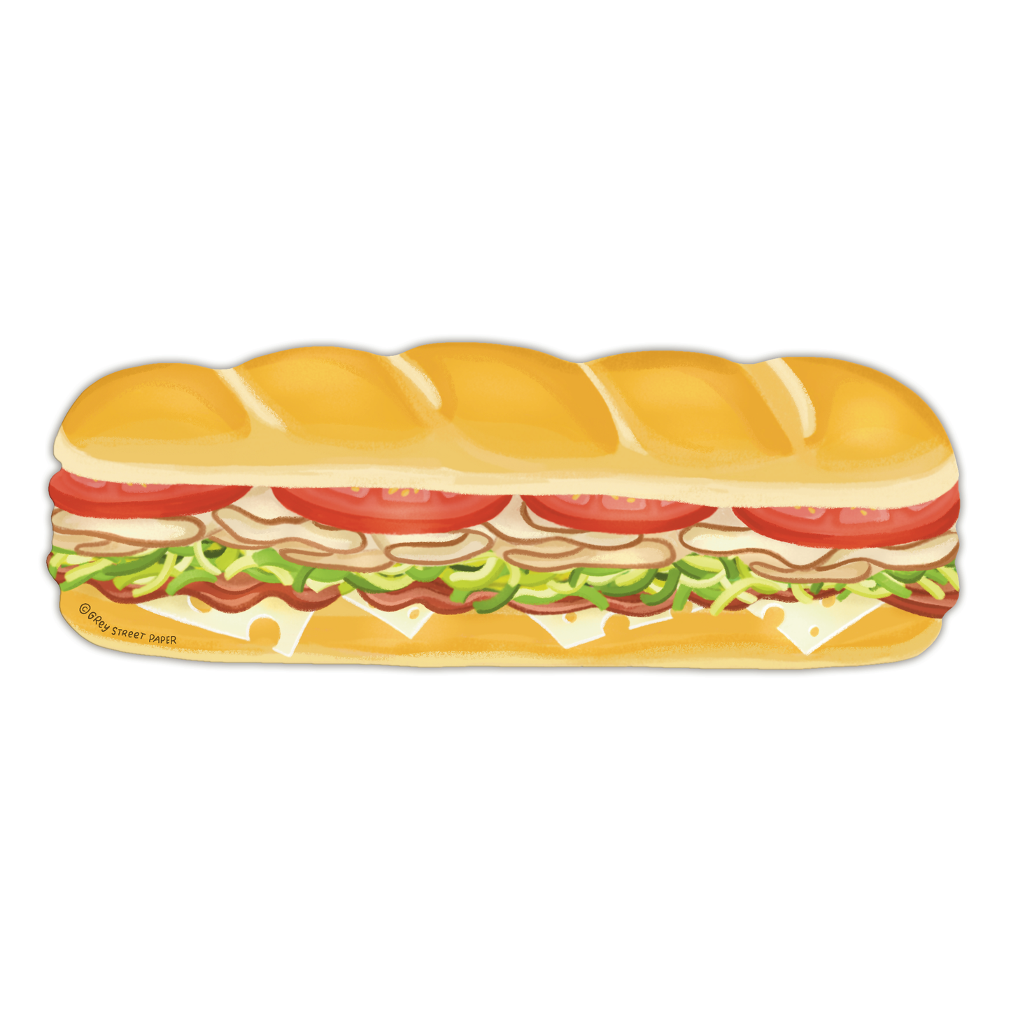 Illustration of a sub sandwich with bread, tomatoes, lettuce, and other ingredients on a white background