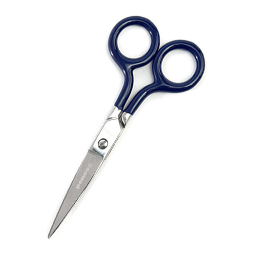 Photo of stainless steel scissors with blue colored handle.