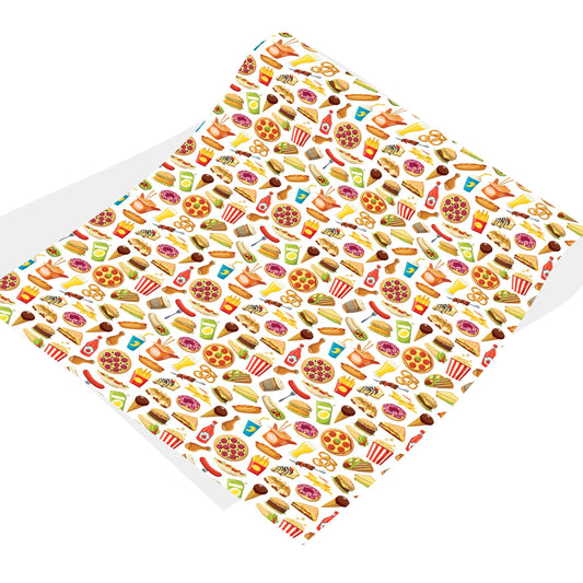 sheet of wrapping paper with junk food-themed pattern on a white background