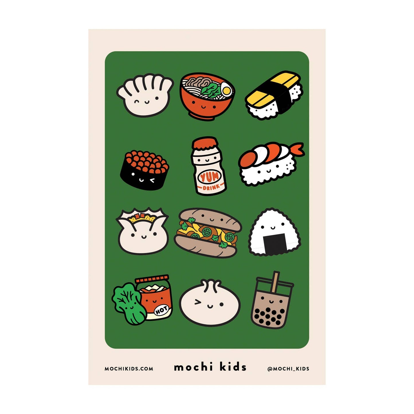 Sticker sheet filled with a variety of Asian foods including dumplings, shumai, sushi, yakult, ramen, boba and kimchi