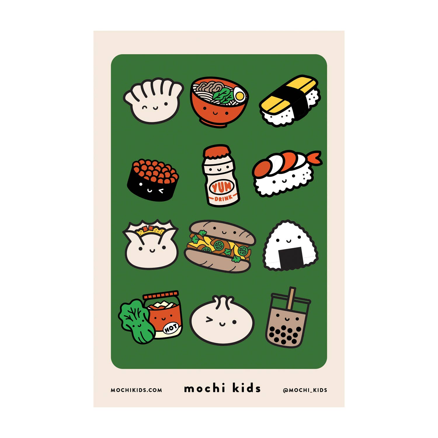 Sticker sheet filled with a variety of Asian foods including dumplings, shumai, sushi, yakult, ramen, boba and kimchi