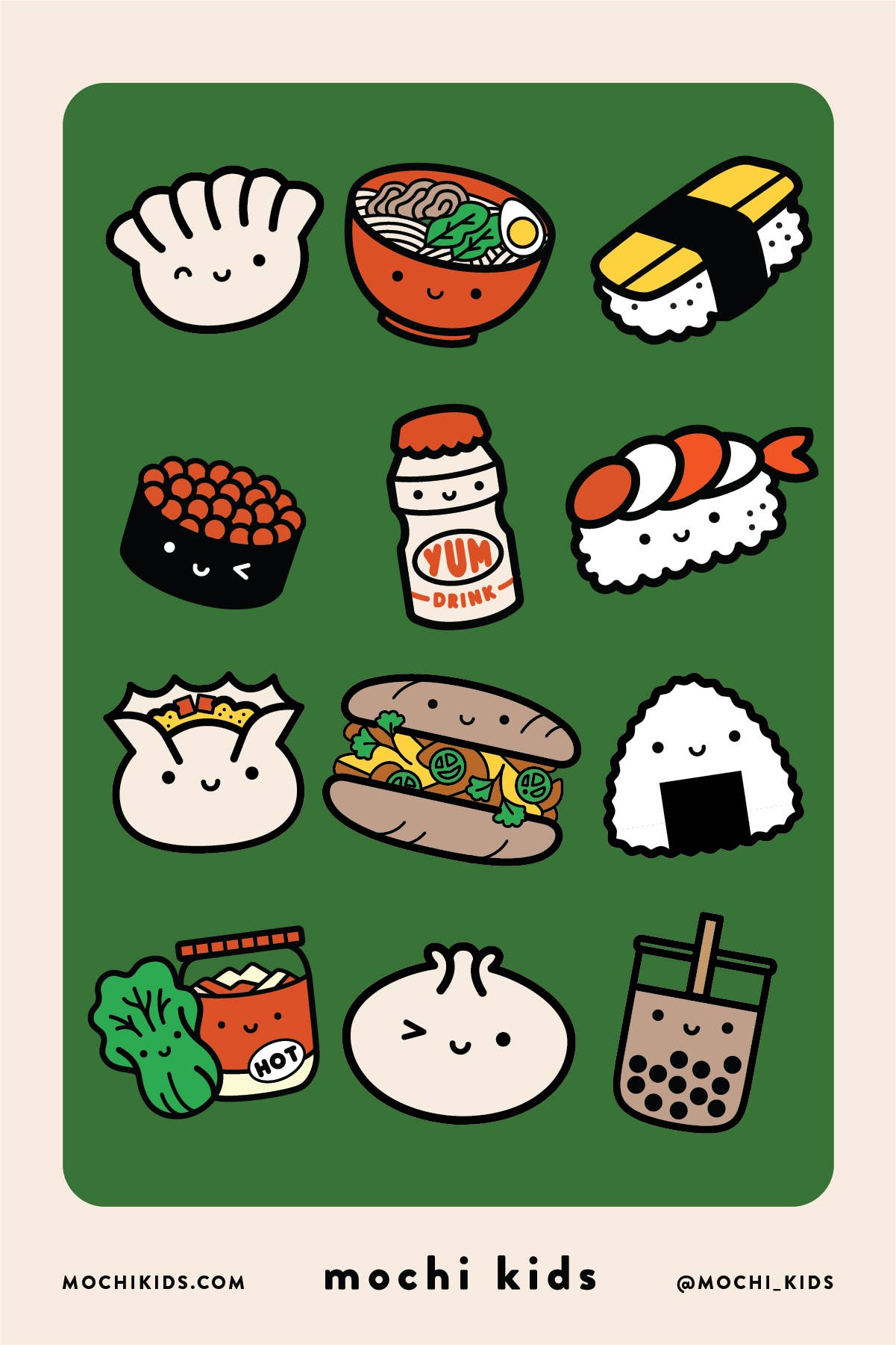 Sticker sheet filled with a variety of Asian foods including dumplings, shumai, sushi, yakult, ramen, boba and kimchi