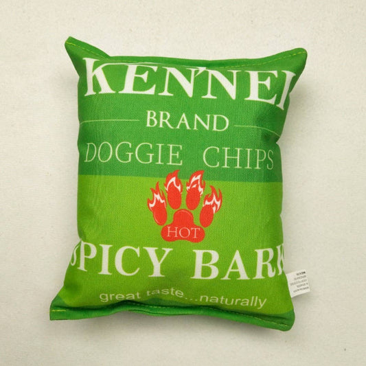dog toy that looks like the green 
kettle chips packaging