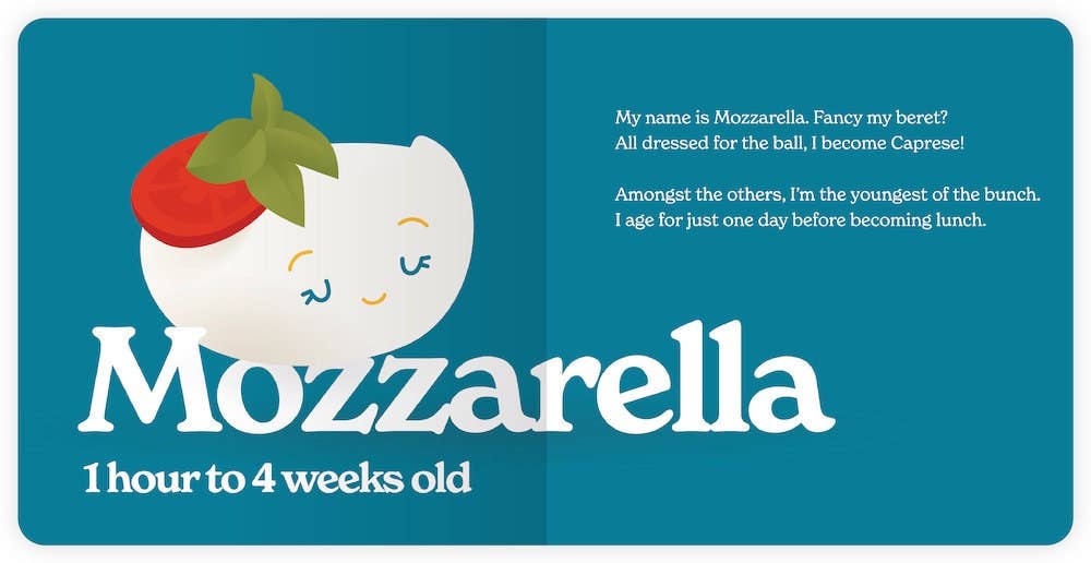 Illustration of a mozzarella cheese with text on a blue background, explaining some of its uses and aging timeline