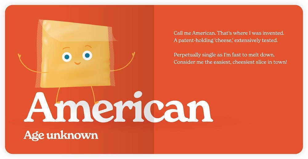 Animated American cheese illustration with text on an orange background, explaining a little history and characteristics about it