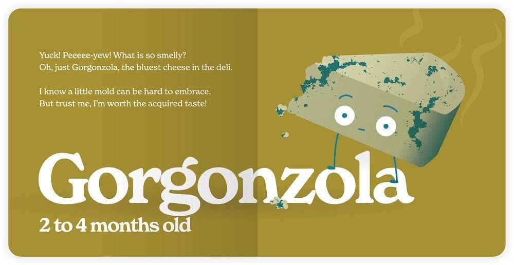 Cartoon illustration of Gorgonzola cheese with text on a green background explaining some of its characteristics