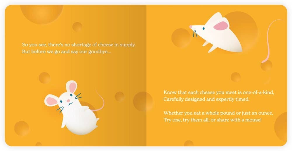 Illustration of two mice on a cheese wheel with text on an orange background