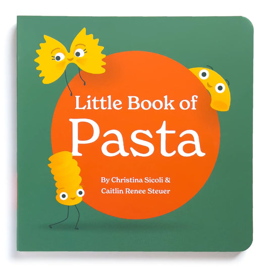 Book cover of 'Little Book of Pasta' with cartoon pasta characters on a teal background