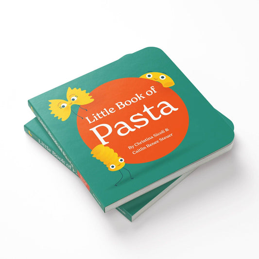 Children's book titled 'Little Book of Pasta' on a white background