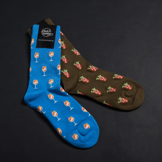 Bloody Mary brown socks and Aperol Spritz blue socks.