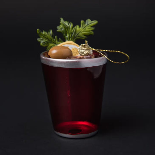 Handblown glass Christmas ornament of a bloody mary cocktail