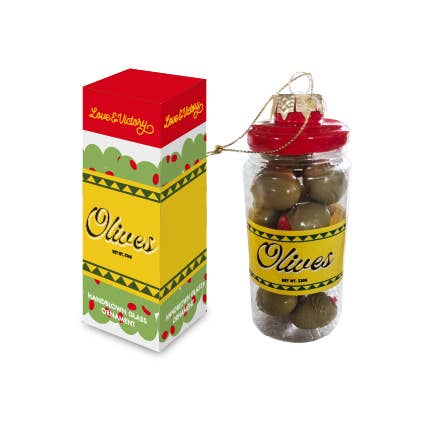 glass jar of olives holiday ornament with a matching box packaging