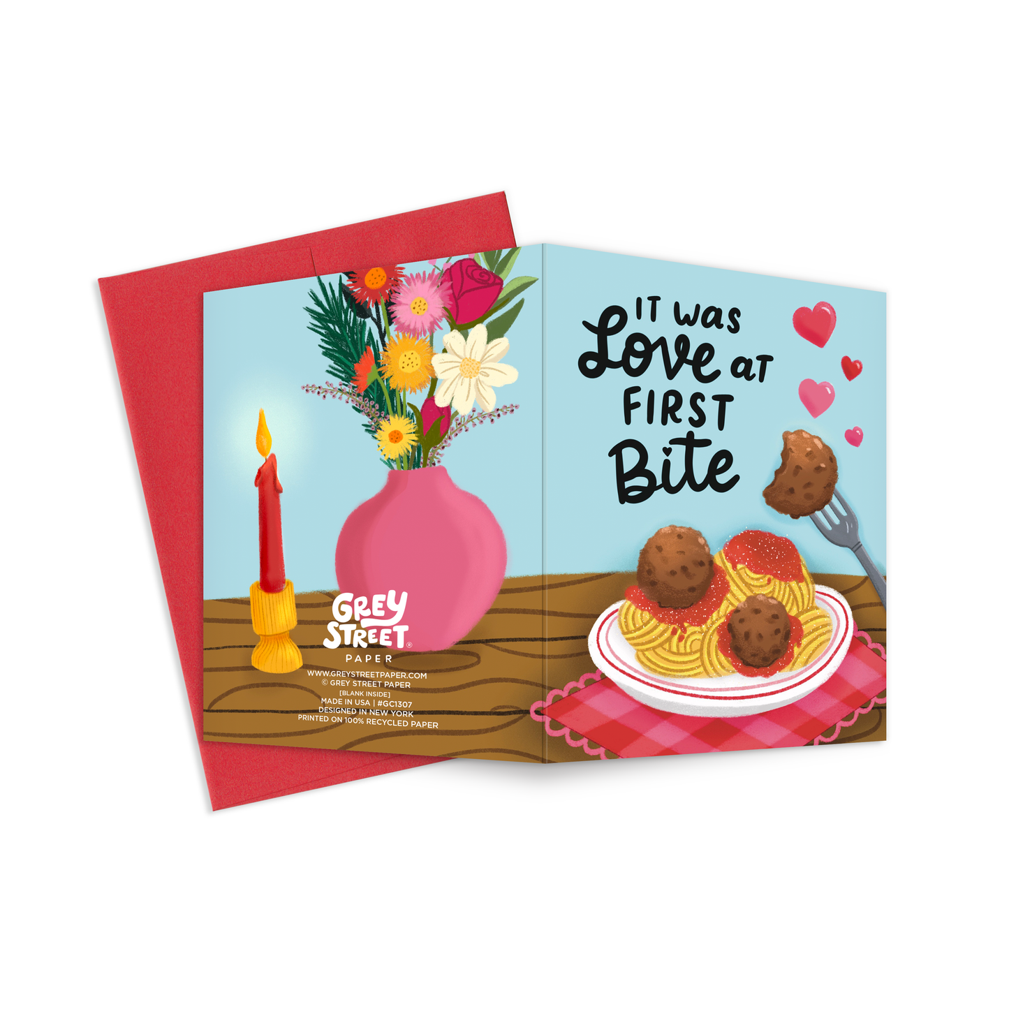 Love card with food illustration and 'It was love at first bite' text, featuring Grey Street Paper branding.