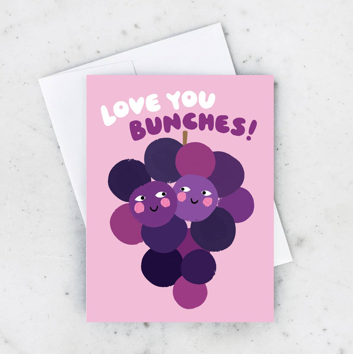 greeting card with an illustrated bunch of purple grapes and text above that reads "love you bunches"