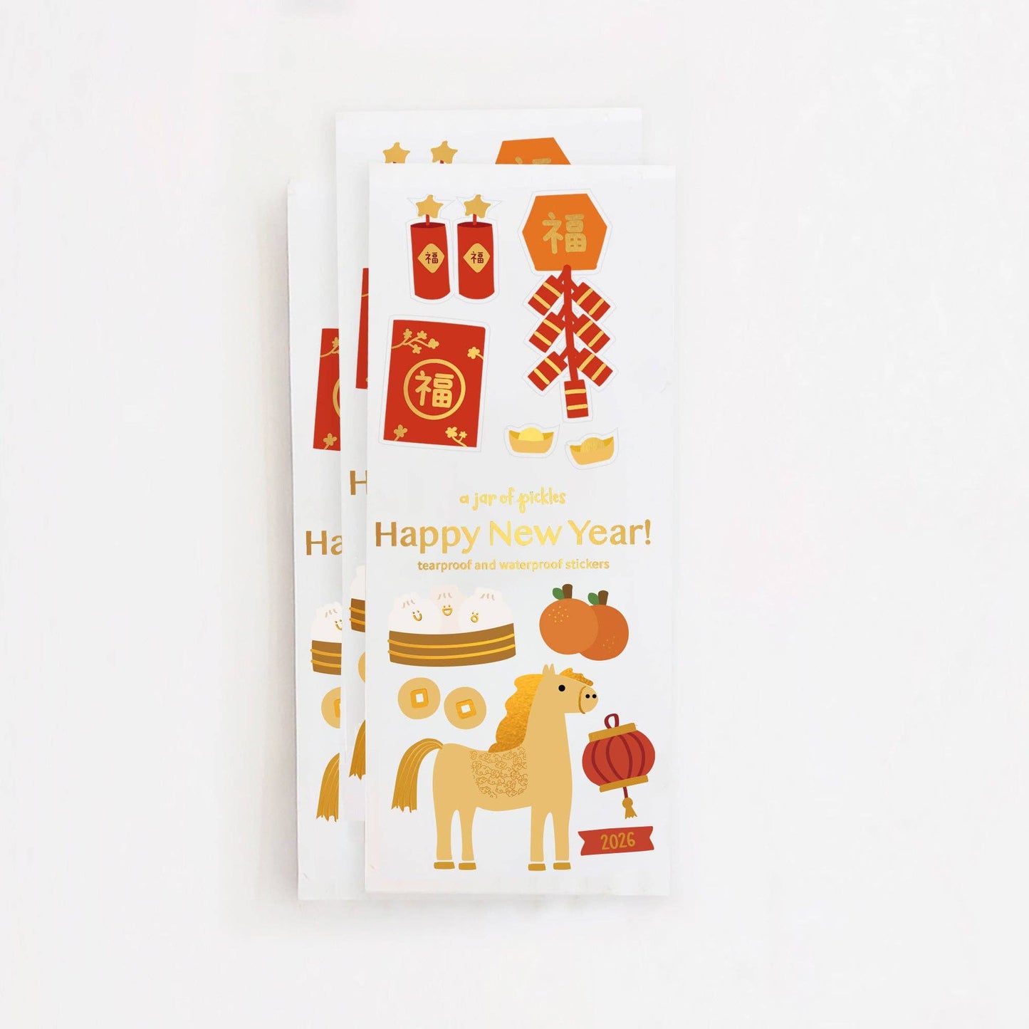 Set of sticker sheets with Chinese New Year symbols and text on a white background