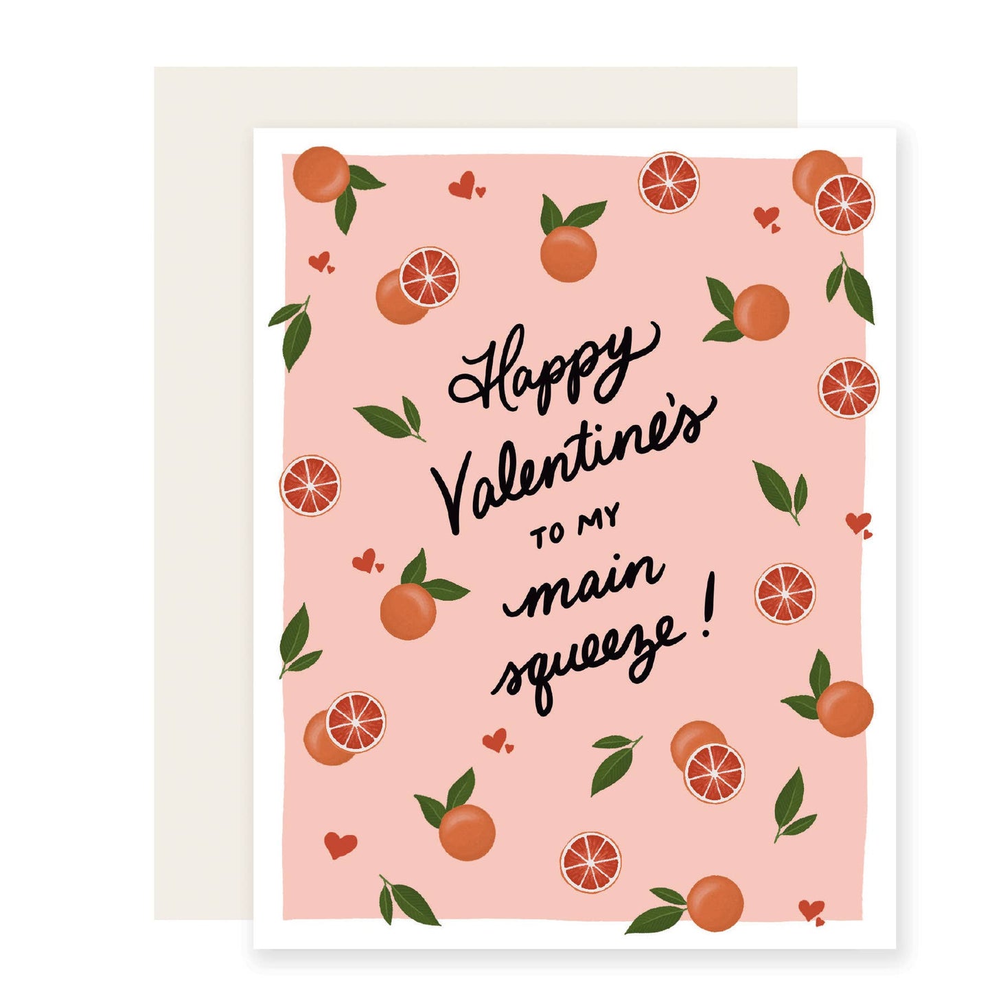 Valentine's Day card with orange illustrations and text on a pink background