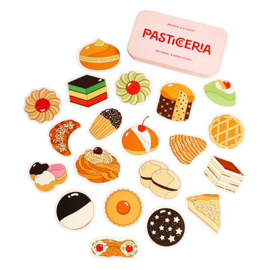 Contents of the italian pastries sticker box. 20 stickers total