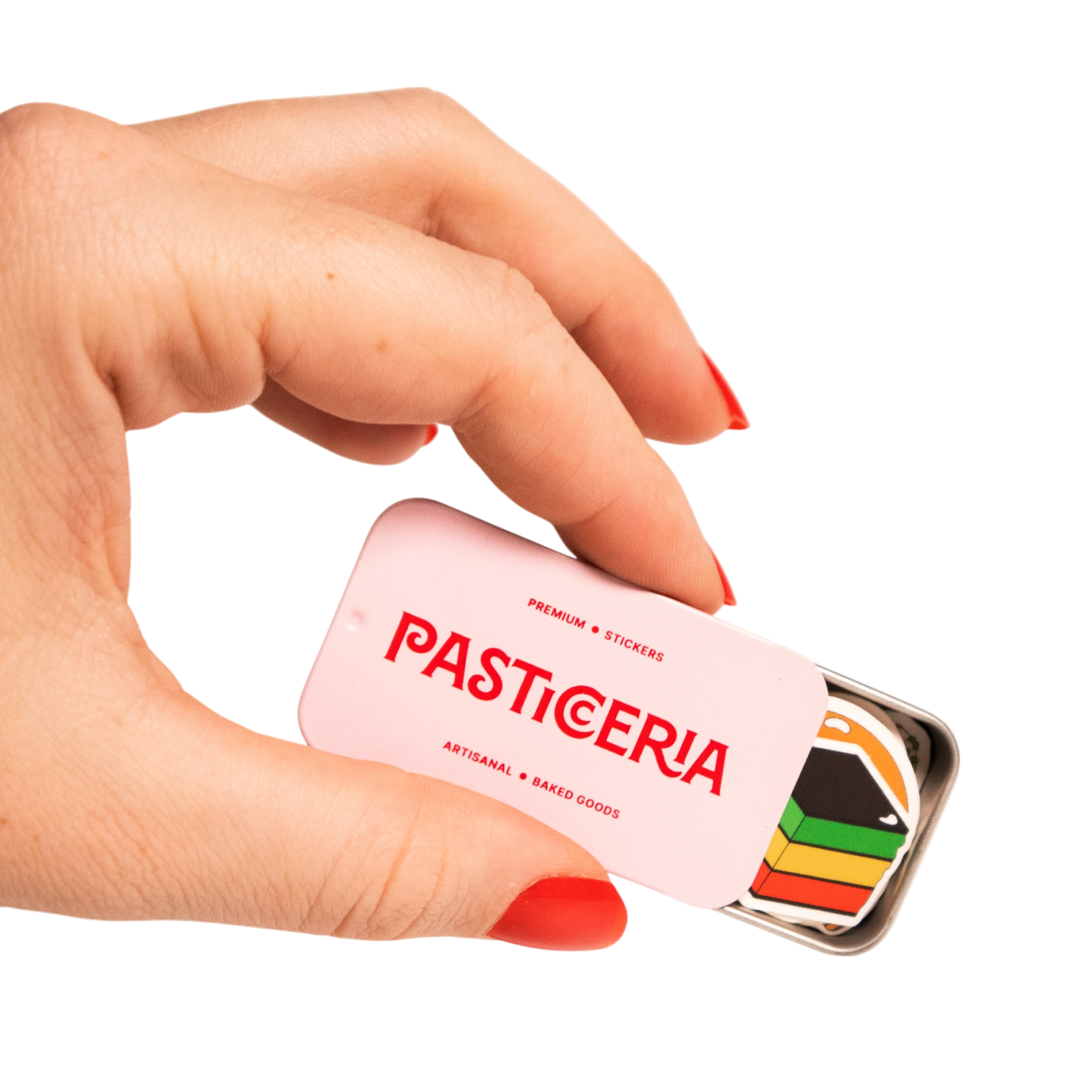 partially opened tin sticker box, held in hand