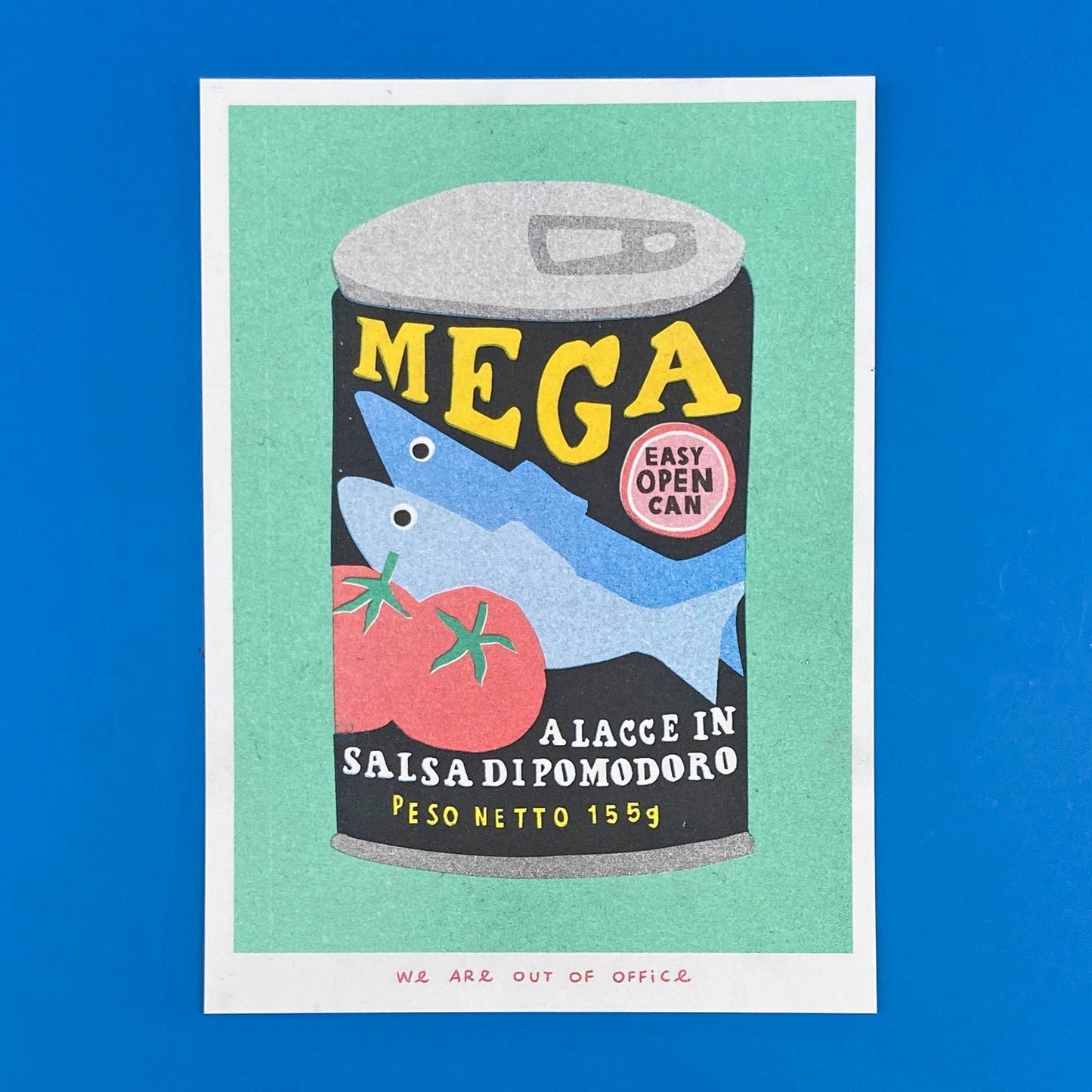 Illustration of a sardine can labeled 'Mega' on a blue background