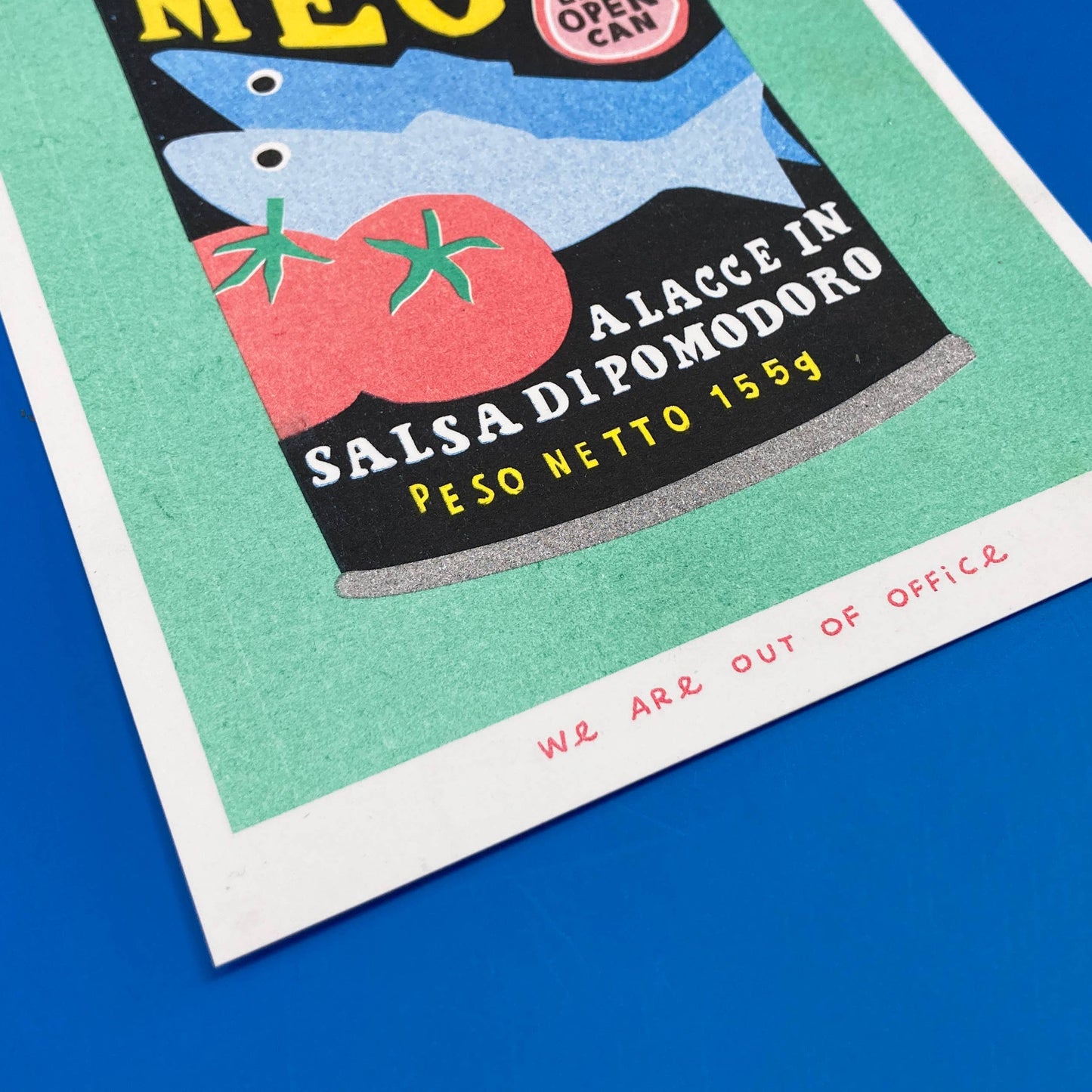 Close up of the mega sardine can riso print. Text at bottom has design company name "we are out of office"