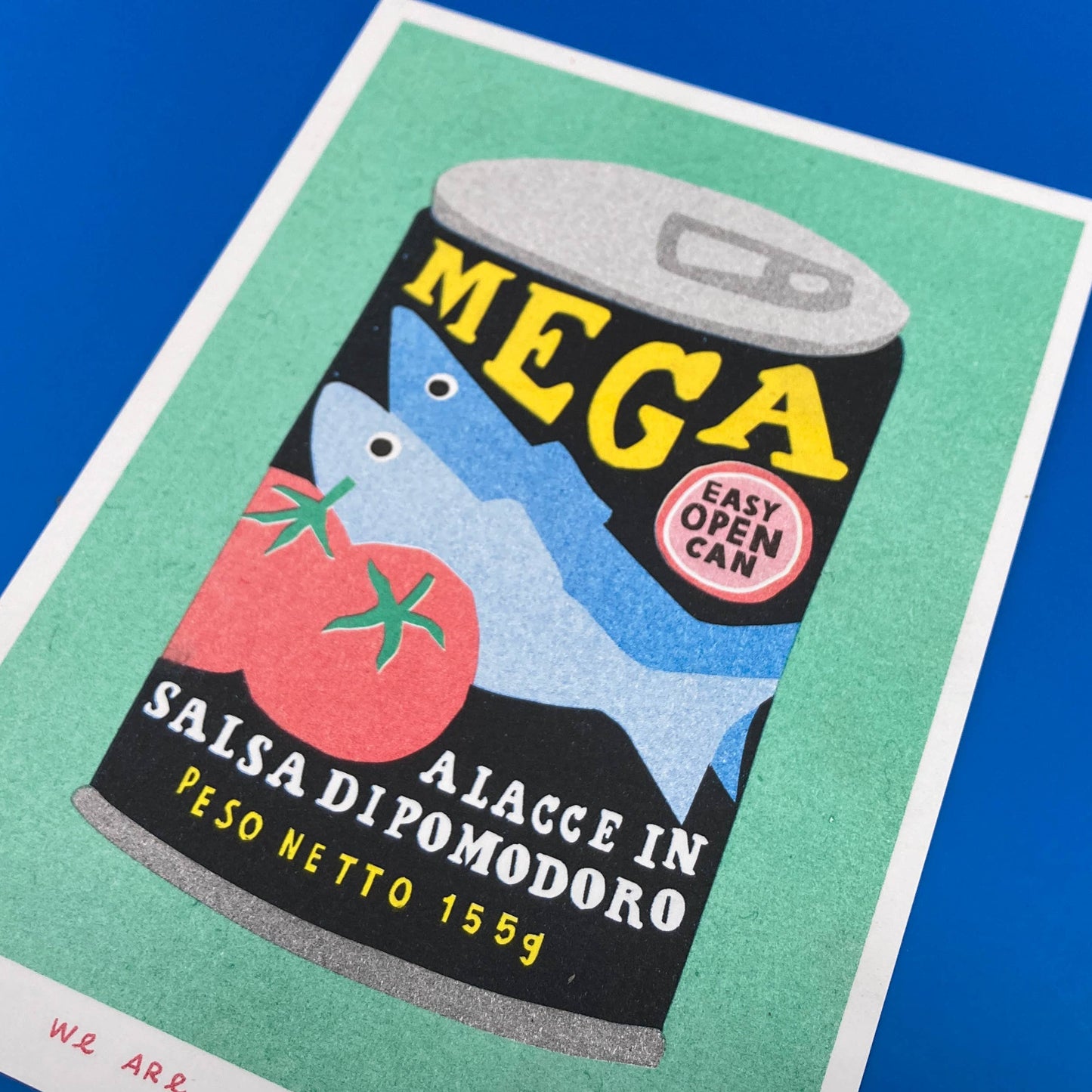Illustration of a sardine can labeled 'Mega' with sardines and tomato design on a blue background