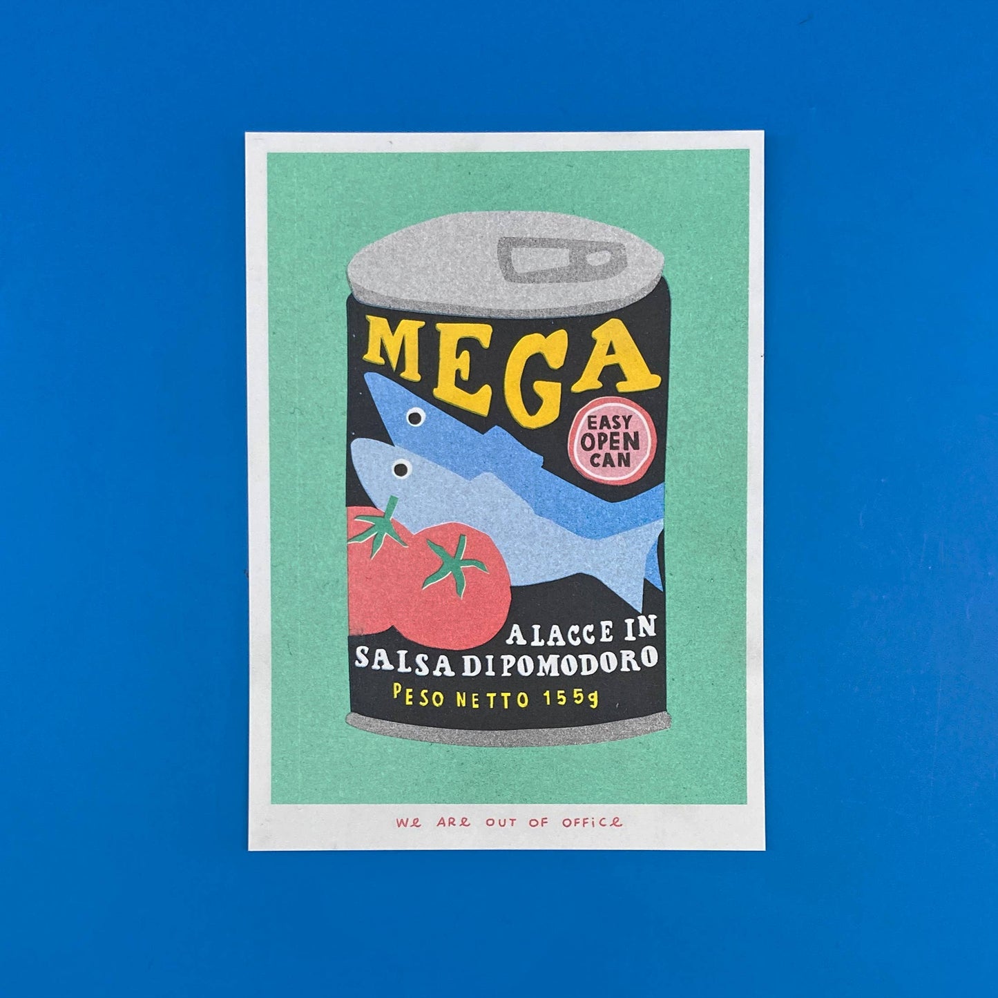 Illustration of a sardine can labeled 'Mega' on a blue background