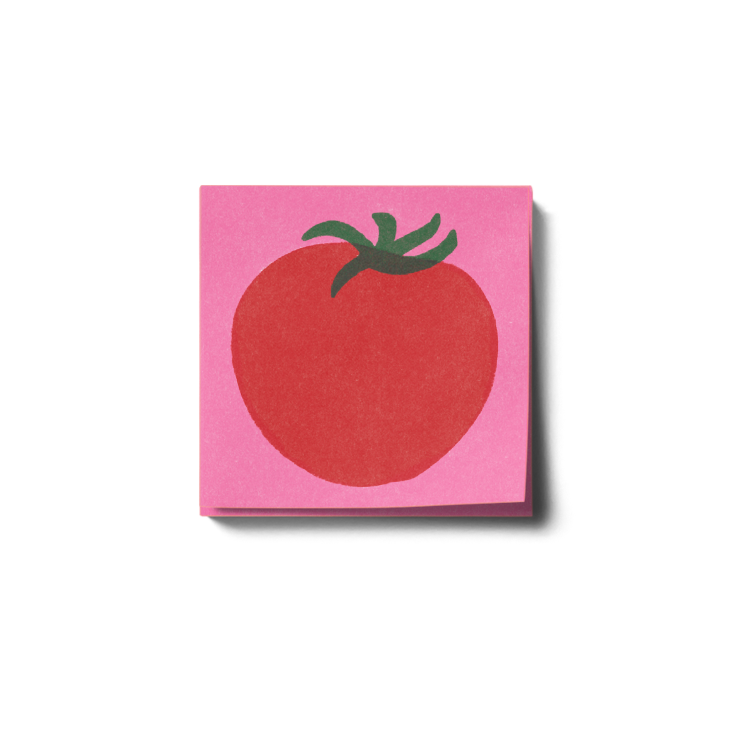 Pink post-it note pad with a red tomato illustration on it