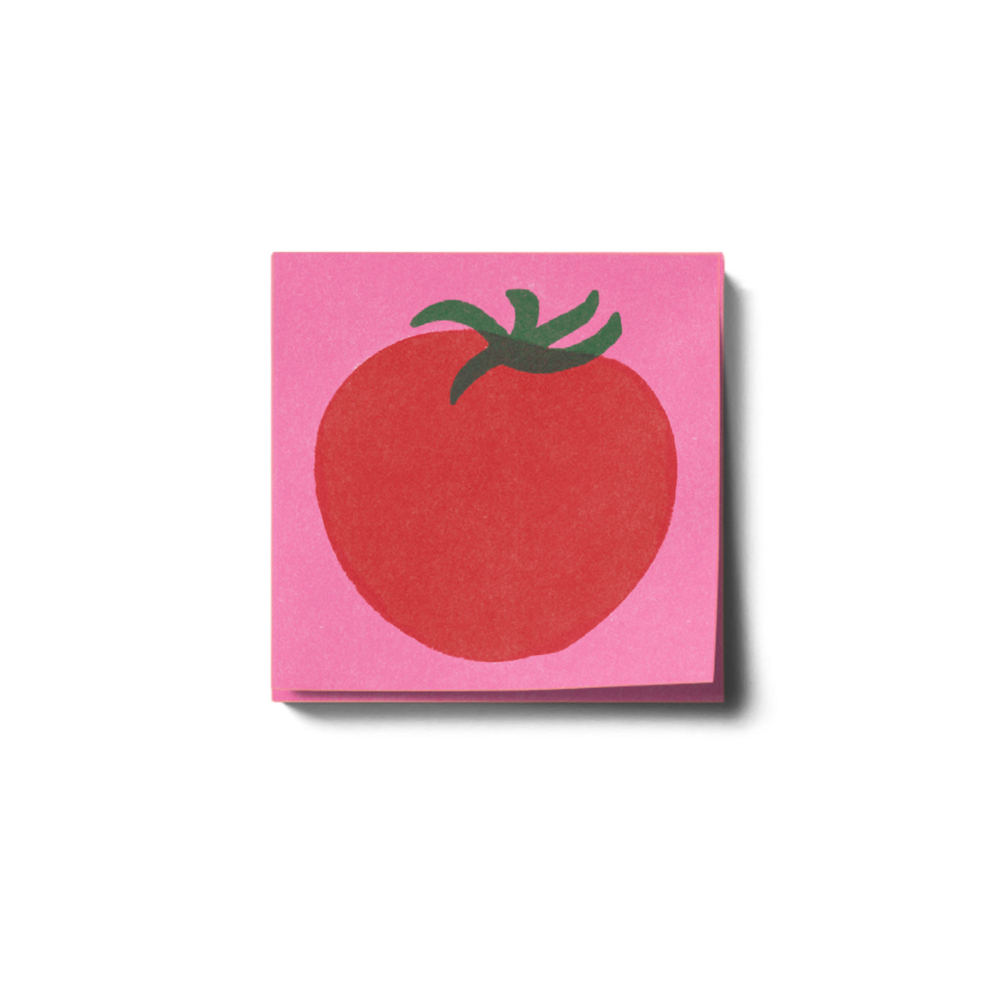 Pink post-it note pad with a red tomato illustration on it