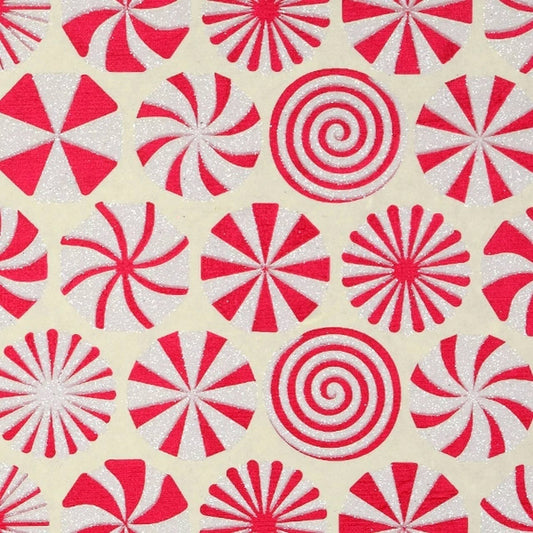 Peppermint candies patterned gift wrap sheets with glitter.