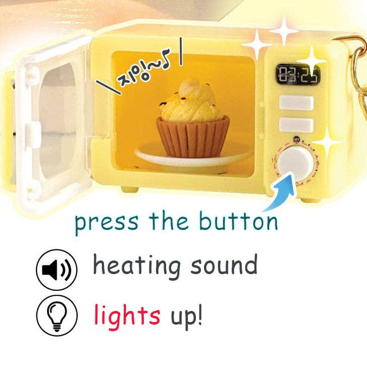 Yellow toy microwave with a cupcake inside, featuring text and icons indicating features.