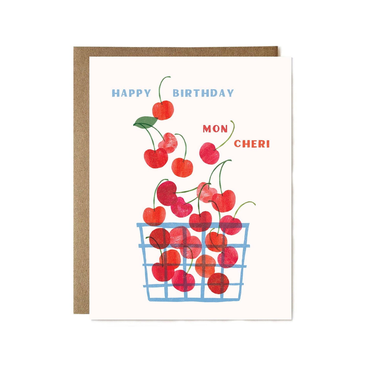 Birthday card with basket of cherries and 'Happy Birthday Mon Cheri' text on a white background