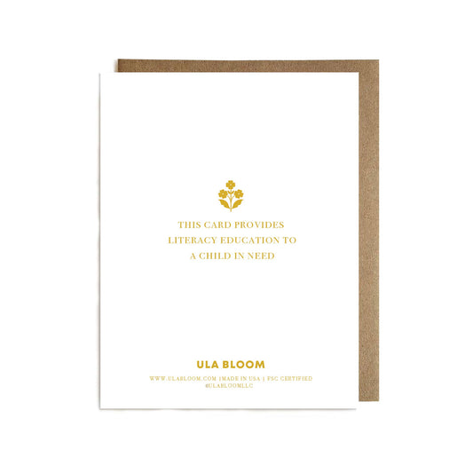 Ula Bloom greeting card with gold text and logo on a white background