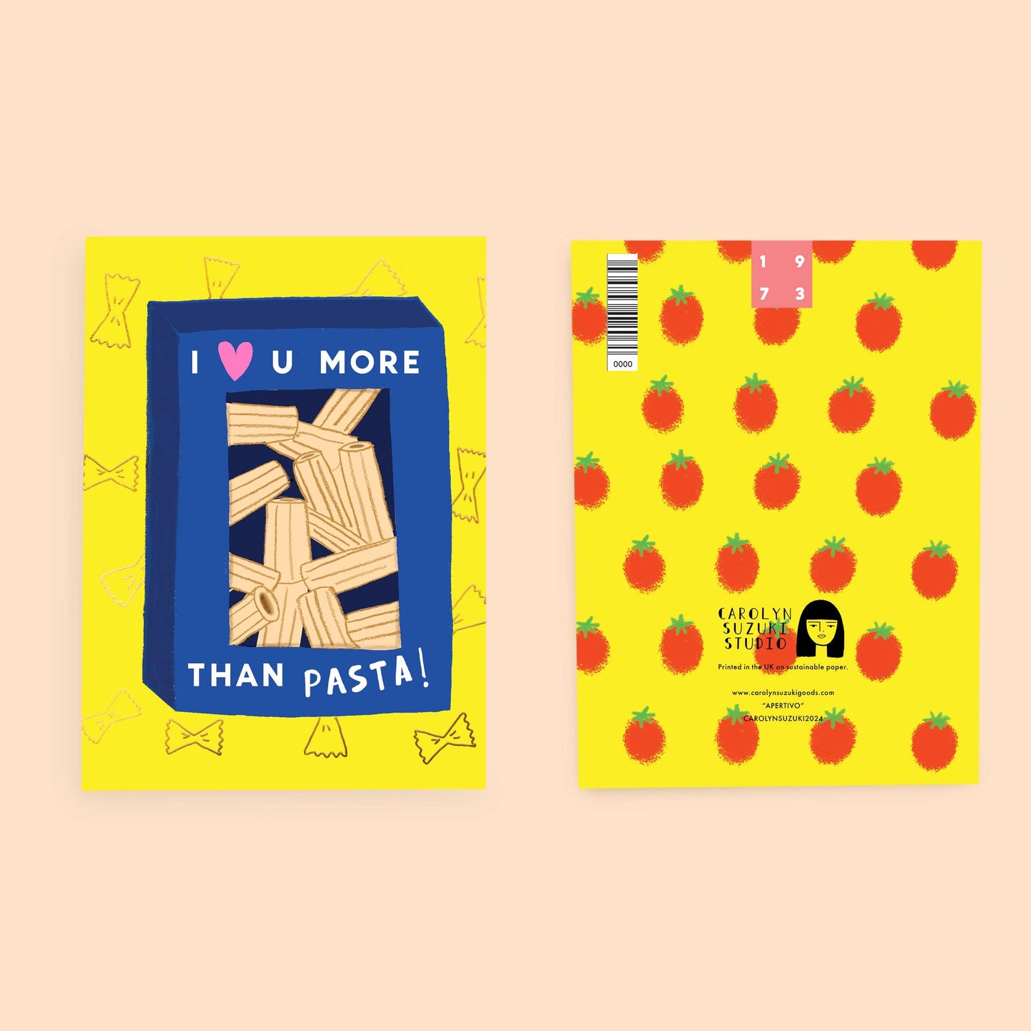 card with a box of pasta on it that reads "I <3 u more than pasta!"