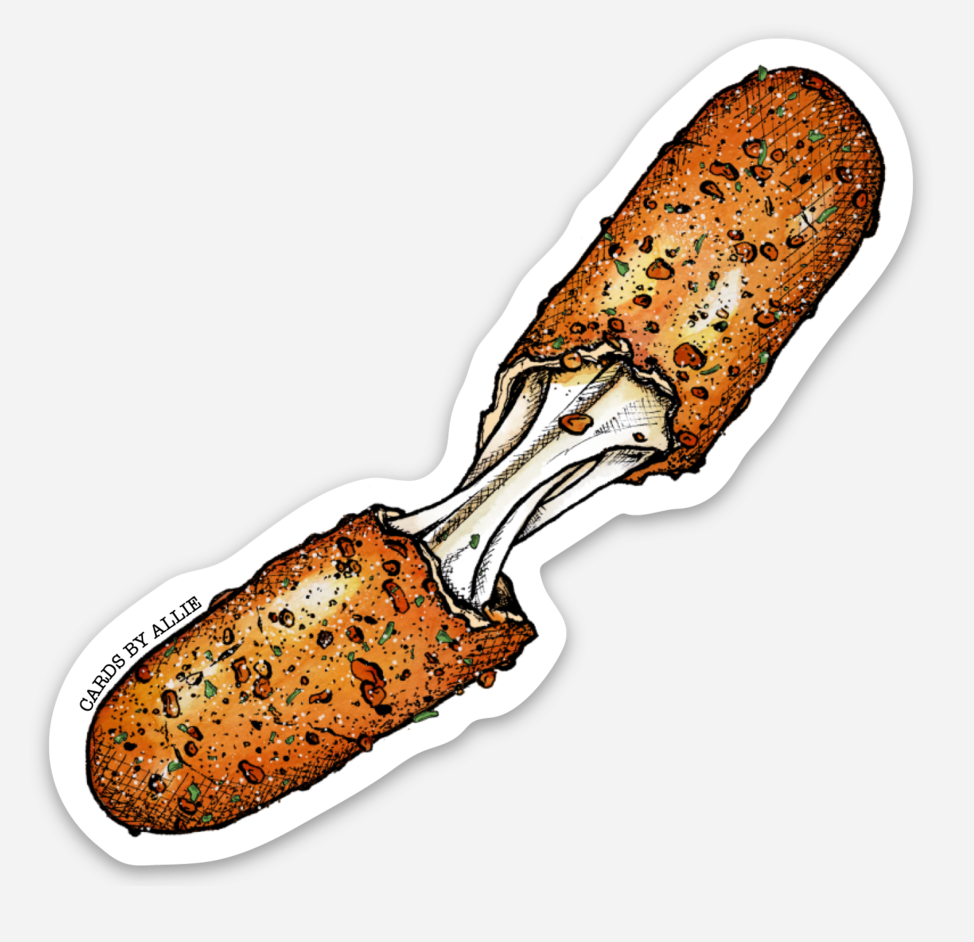 Sticker of a crispy looking mozzarella stick, split in the middle with a cheese pull