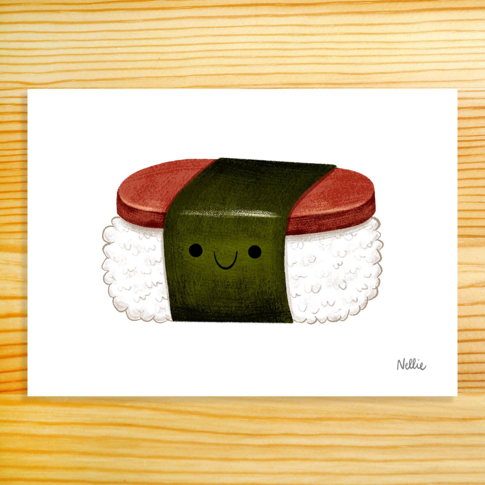 Illustration of a smiling spam musubi on a white background
